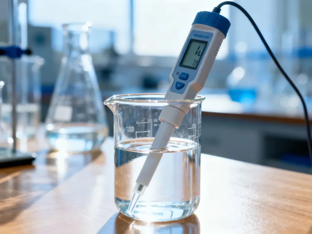 Cyfrowy miernik pH zanurzony w zlewce z przezroczystym roztworem w laboratorium chemicznym.