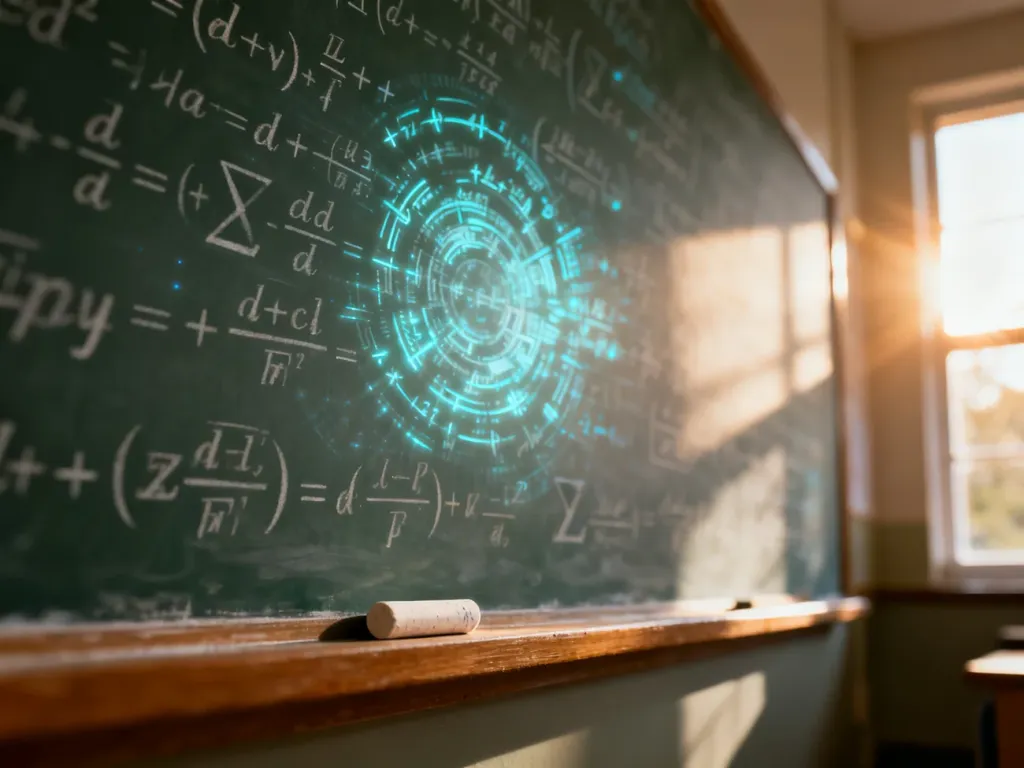 Tablica z wieloma matematycznymi równaniami i symbolami, symbolizująca złożoność zagadnień algebraicznych.