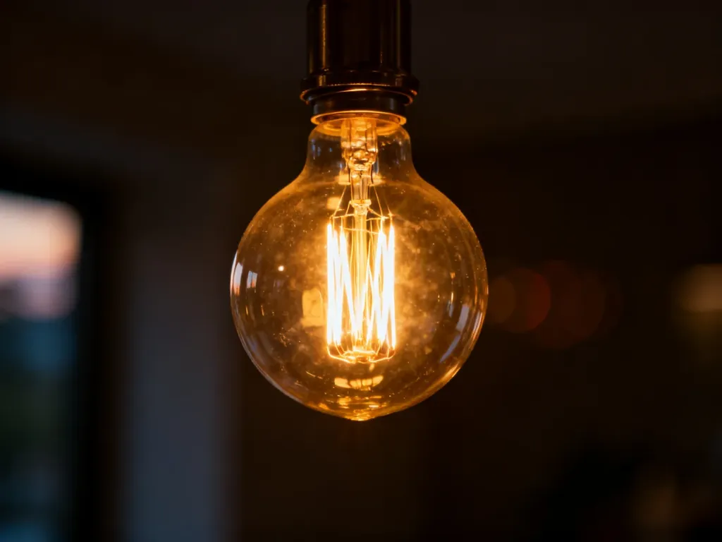 Zapalona żarówka typu Edison z widocznym żarnikiem, emitująca ciepłe, złociste światło w przyciemnionym wnętrzu.