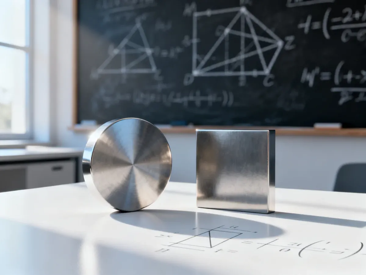 Metalowe figury geometryczne na biurku z matematycznymi wzorami, ilustrujące obliczanie obwodu i pola powierzchni.