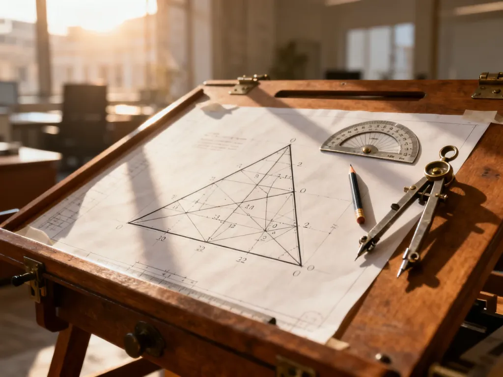Drewniany stół kreślarski z rysunkiem technicznym trójkąta, przyborami geometrycznymi i narzędziami do obliczeń.