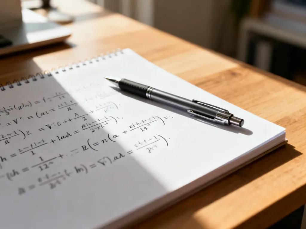 Notatnik z zapisanymi wzorami matematycznymi i ołówkiem na drewnianym biurku w promieniach porannego słońca.