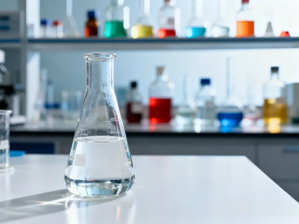 Kolba miarowa z przezroczystym roztworem na tle półek z odczynnikami chemicznymi w laboratorium.