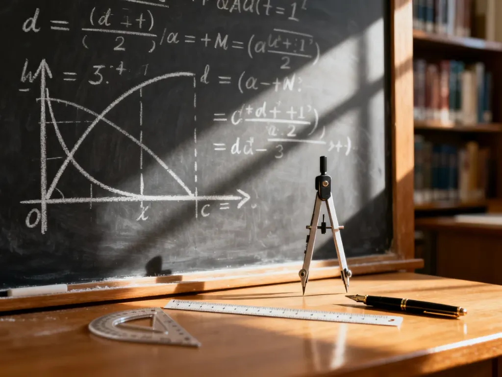 Tablica z zapisanymi równaniami kwadratowymi i wykresami parabol oraz przybory geometryczne na biurku.