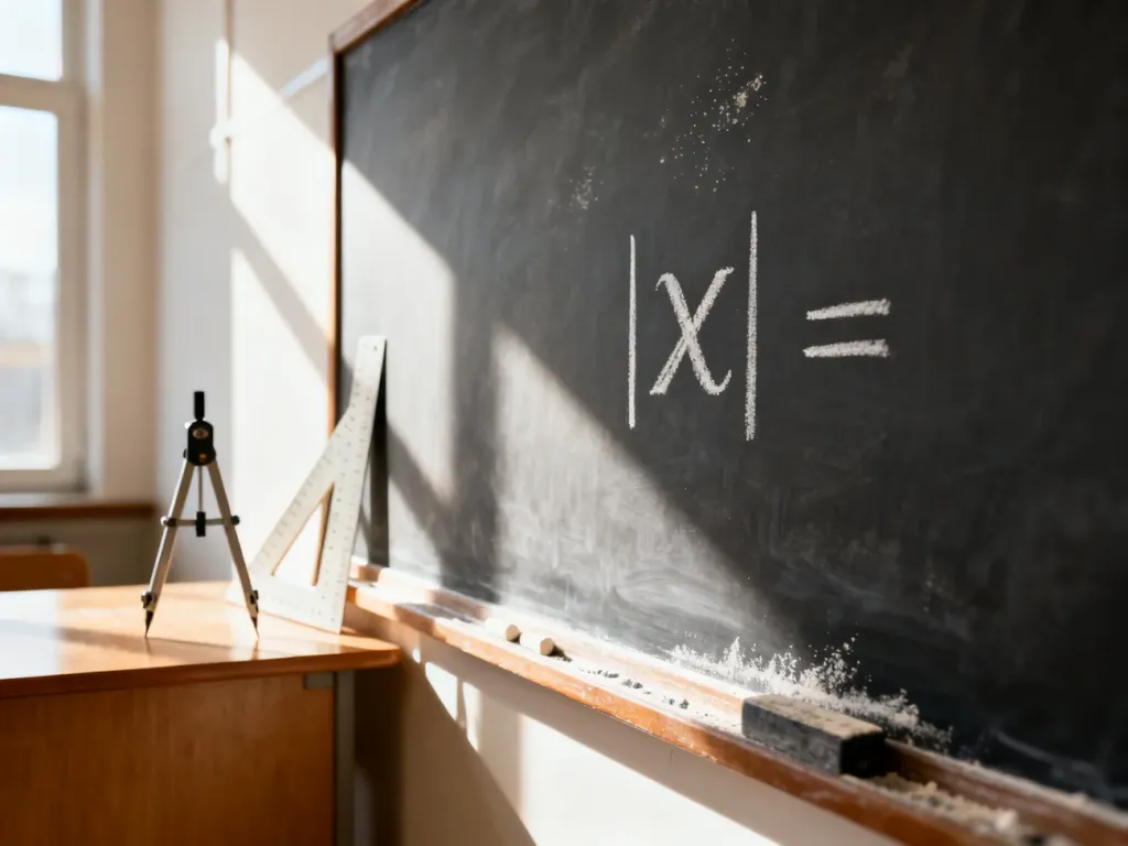 Zapis symbolu wartości bezwzględnej |x| na szkolnej tablicy, ilustrujący podstawy obliczeń matematycznych.