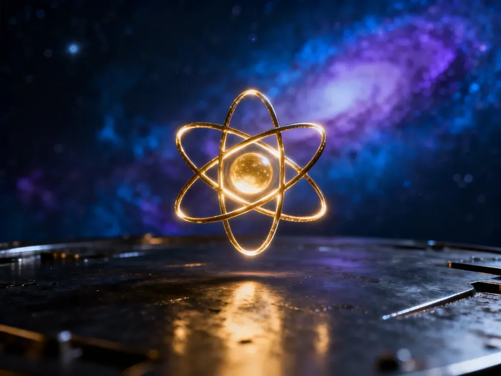 Stylizowany symbol atomu świecący nad metaliczną powierzchnią, ilustrujący koncepcję równoważności masy i energii.