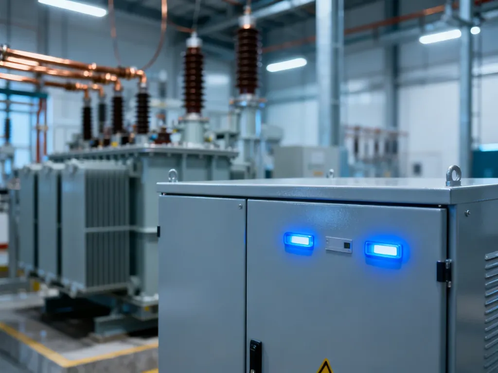 Nowoczesna szafa z baterią kondensatorów w stacji elektroenergetycznej z podświetlanymi wskaźnikami stanu.