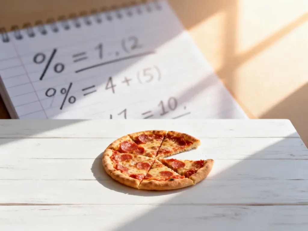 Jeden kawałek pizzy na stole, obrazujący ułamek 1/3, z rozmytymi obliczeniami matematycznymi w tle.