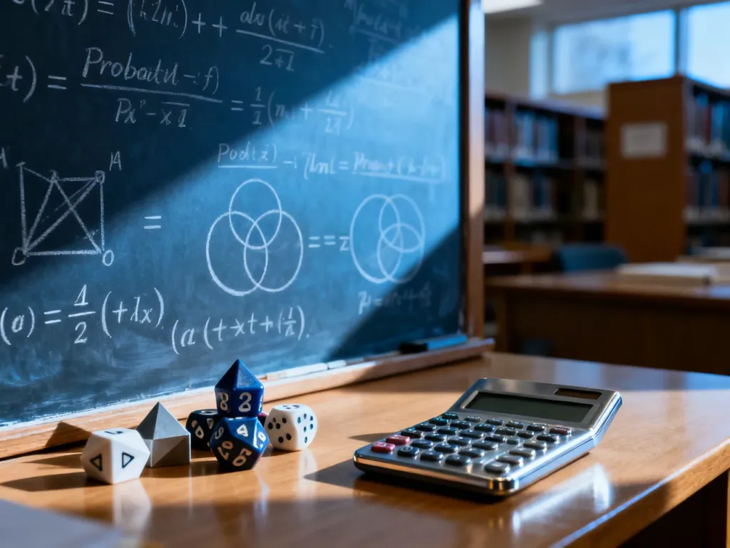 Tablica z matematycznymi wzorami prawdopodobieństwa, kośćmi i kalkulatorem na biurku, ilustrująca obliczenia statystyczne.