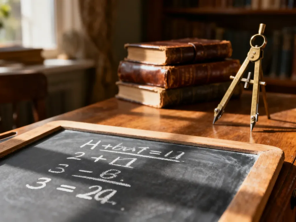 Zapisane kredą na tablicy działania matematyczne przedstawiające proces dzielenia ułamków zwykłych.