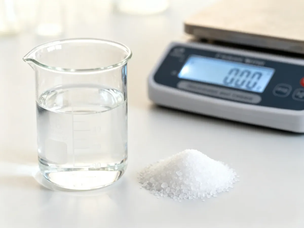 Beaker with salt solution, sodium chloride crystals, and a laboratory balance