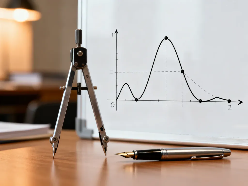 Wykres funkcji matematycznej z zaznaczonymi punktami ekstremalnymi oraz przybory kreślarskie na biurku.