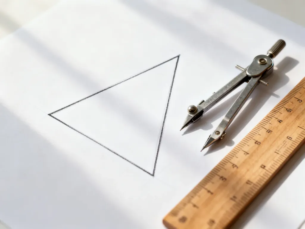 Geometryczny trapez narysowany na papierze obok cyrkla i linijki, ilustrujący zasady obliczania obwodu figury.