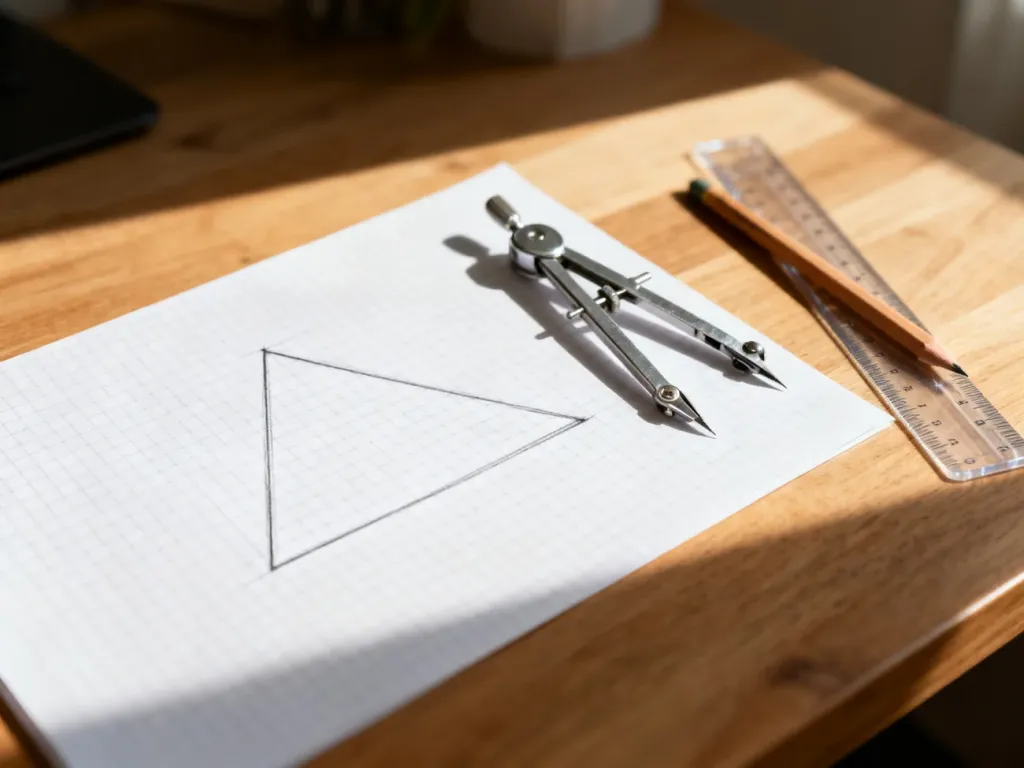 Rysunek geometryczny równoległoboku na papierze milimetrowym wraz z przyborami kreślarskimi na biurku.
