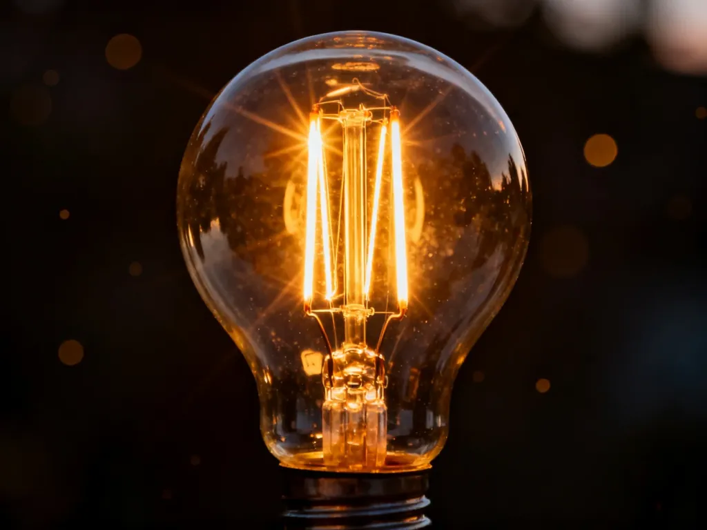 Świecąca klasyczna żarówka z widocznym żarnikiem na ciemnym tle, ilustrująca zużycie energii elektrycznej.