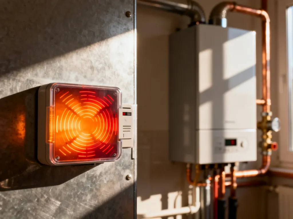 Cyfrowy licznik energii cieplnej z wizualizacją promieniowania cieplnego na tle nowoczesnego kotła grzewczego.