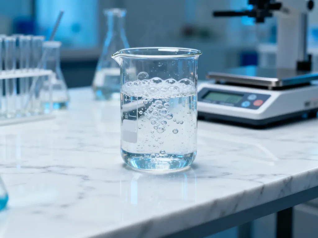 Zlewka z burzącą się cieczą podczas reakcji chemicznej w laboratorium, ilustrująca proces wyznaczania reagenta granicznego.