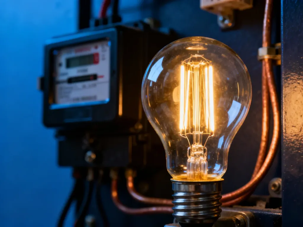 Świecąca żarówka LED na tle licznika energii elektrycznej, ilustrująca temat zużycia prądu.