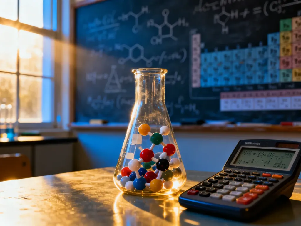 Zlewka z modelami cząsteczek i kalkulator naukowy na tle tablicy z równaniami chemicznymi.