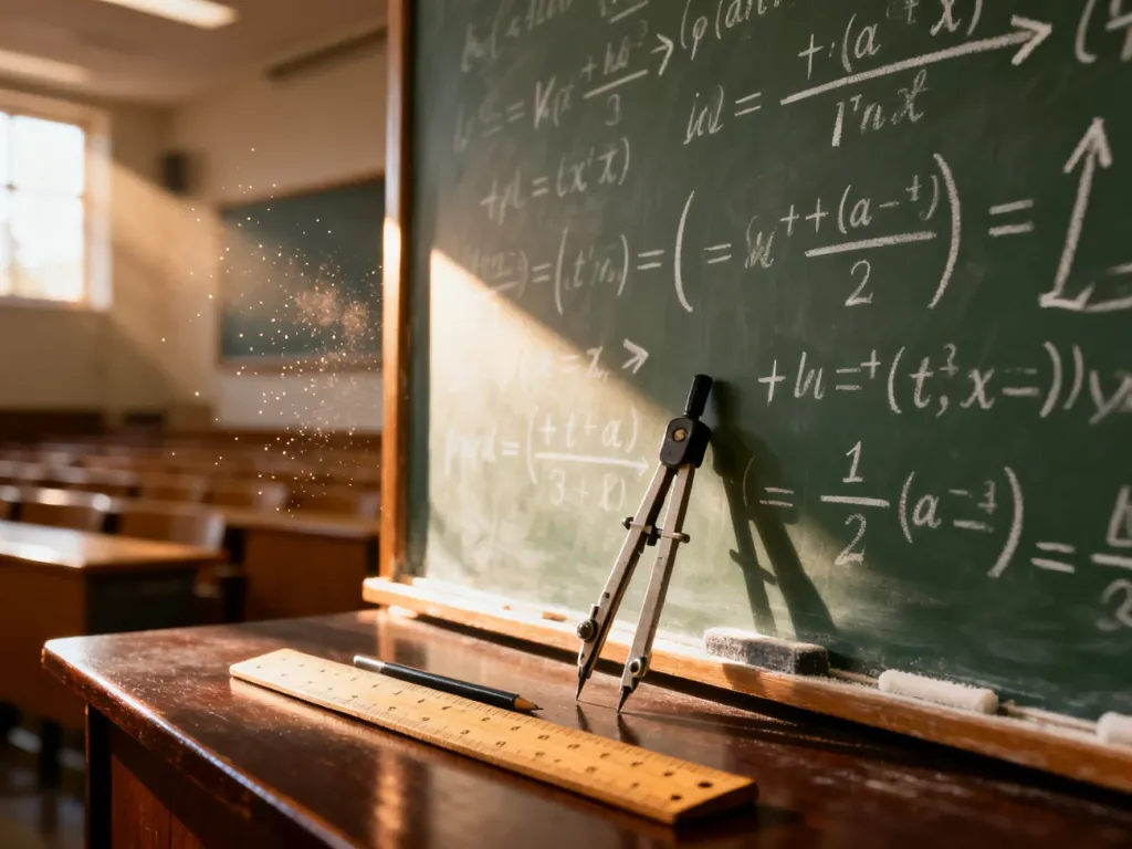 Tablica z zapisanymi wzorami matematycznymi, linijką i cyrklem, ilustrująca proces obliczania granic funkcji.