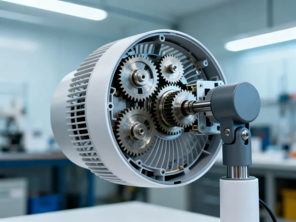 Zbliżenie na mechanizm oscylacyjny nowoczesnego wentylatora elektrycznego, ukazujące precyzyjne przekładnie i elementy ruchome.