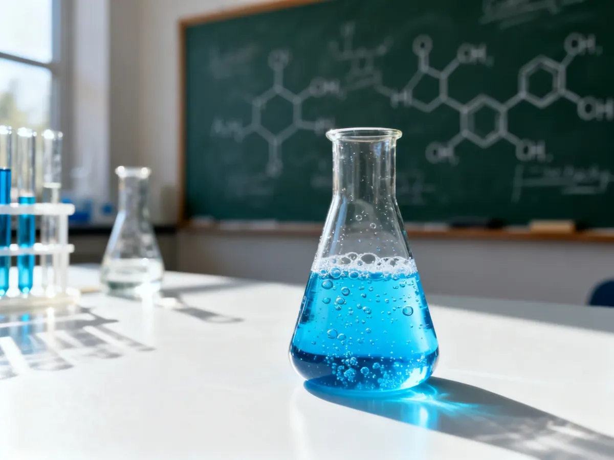 Szklana zlewka z błękitnym, pieniącym się roztworem chemicznym na stole w laboratorium.