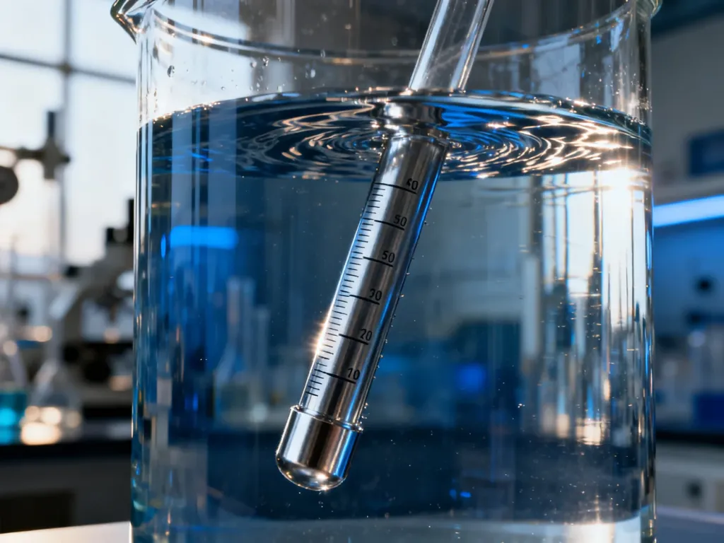 Szklany cylinder z wodą i przyrządem pomiarowym w laboratorium, ilustrujący badanie ciśnienia hydrostatycznego.