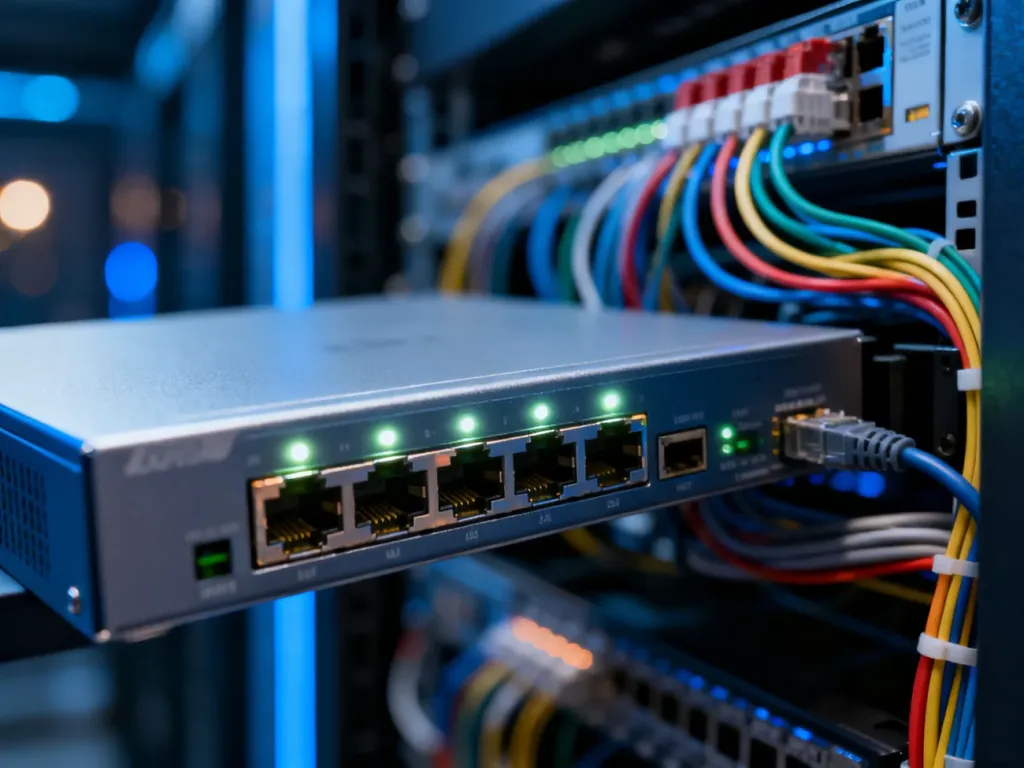 Nowoczesny przełącznik sieciowy z portami RJ45 i świecącymi diodami LED w serwerowni.