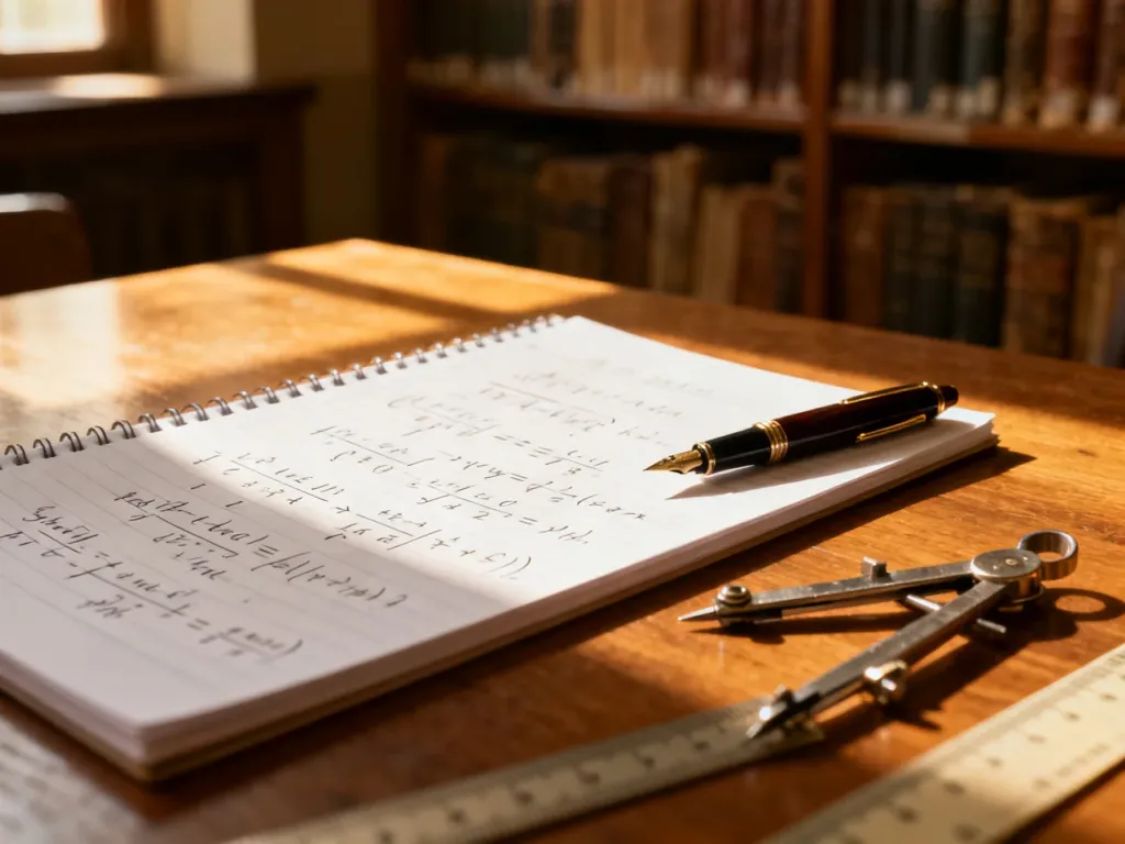 Notatnik z zapisanymi wzorami algebraicznymi oraz przybory geometryczne na drewnianym biurku w bibliotece.