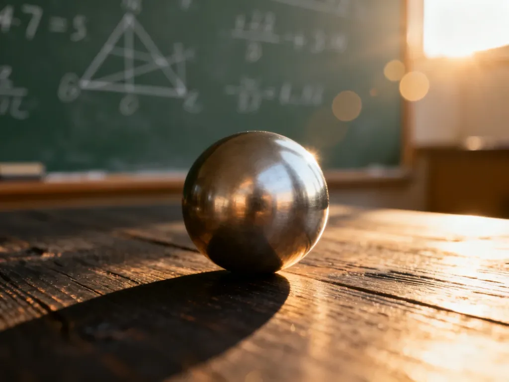 Metalowa kula na drewnianym blacie na tle tablicy z matematycznymi wzorami, ilustrująca obliczanie objętości bryły.