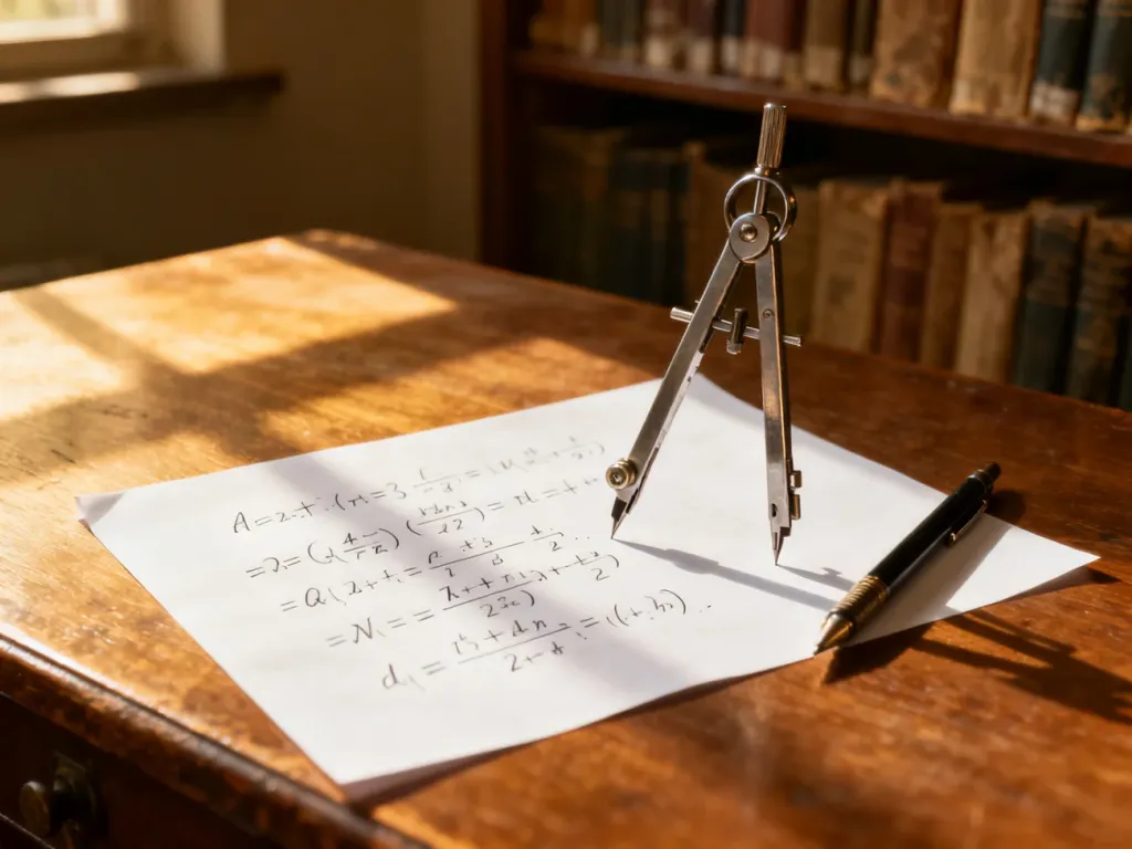 Odręczne obliczenia równań kwadratowych na kartce papieru obok przyborów geometrycznych na drewnianym biurku.