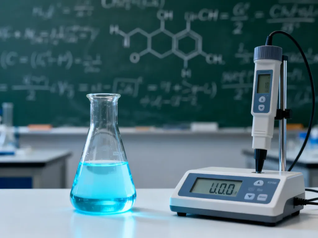 Zlewka z niebieskim płynem i miernik pH na tle tablicy z chemicznymi wzorami, ilustrujące obliczenia stężenia jonów.