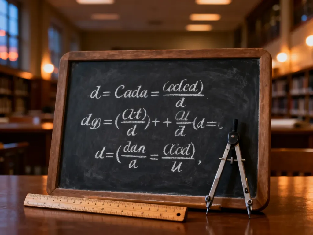 Złożone równanie matematyczne zapisane kredą na tablicy, obok której leżą przybory geometryczne w tle biblioteki.