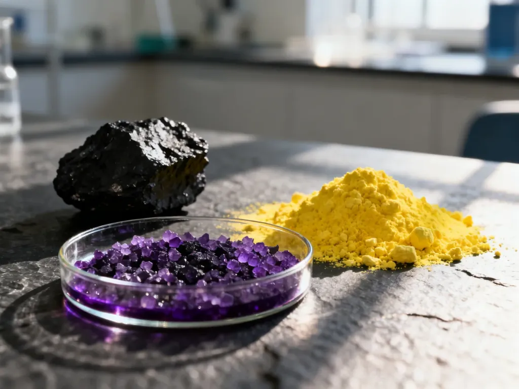 Kryształy jodu, żółta siarka i kawałek węgla na laboratoryjnym stole, ilustrujące właściwości pierwiastków chemicznych.
