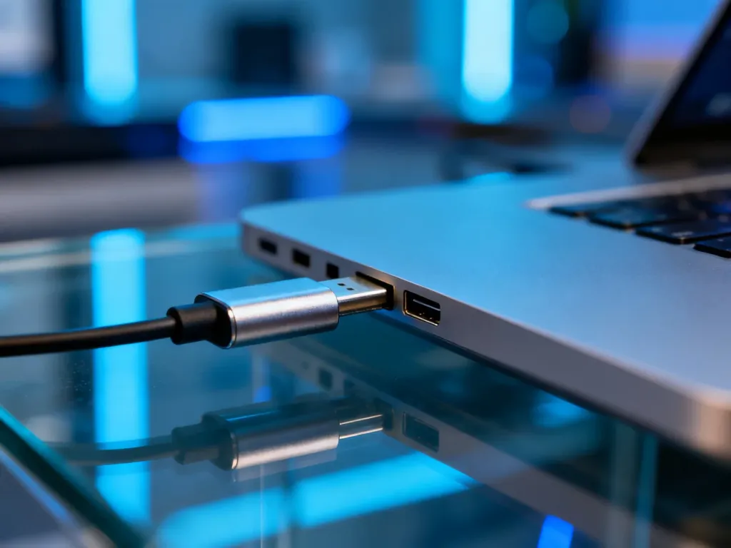Złącze USB-C wpięte do portu nowoczesnego laptopa w profesjonalnym biurze.