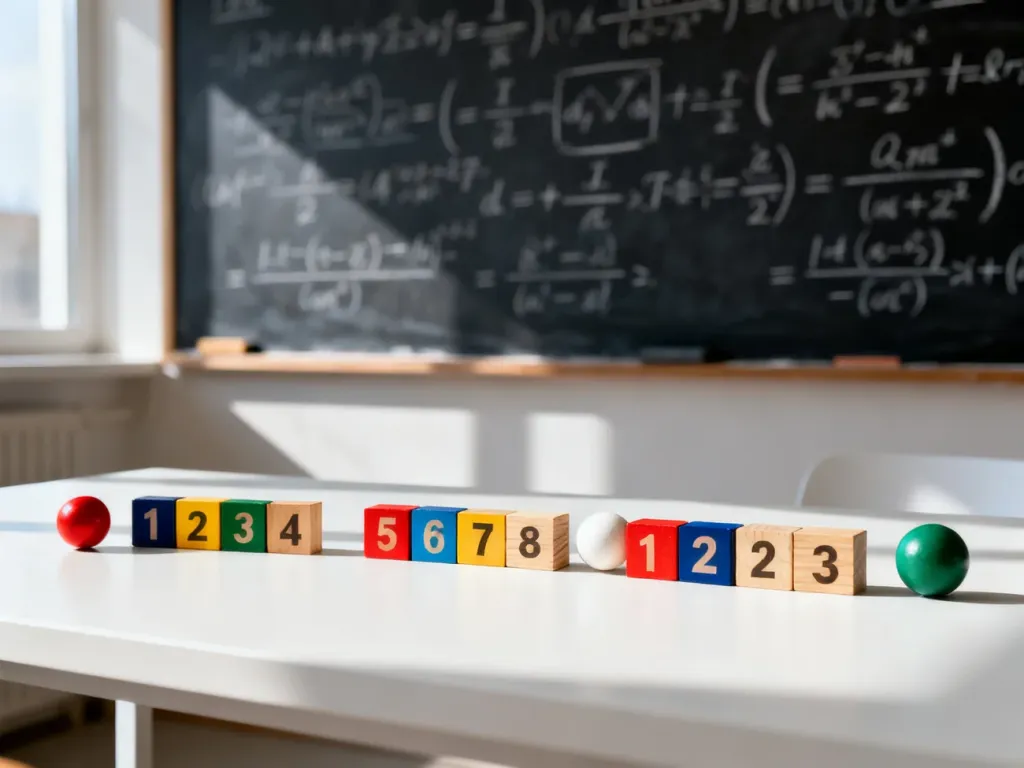 Kolorowe klocki i kule z numerami ułożone w sekwencje na tle tablicy z matematycznymi wzorami kombinatorycznymi.