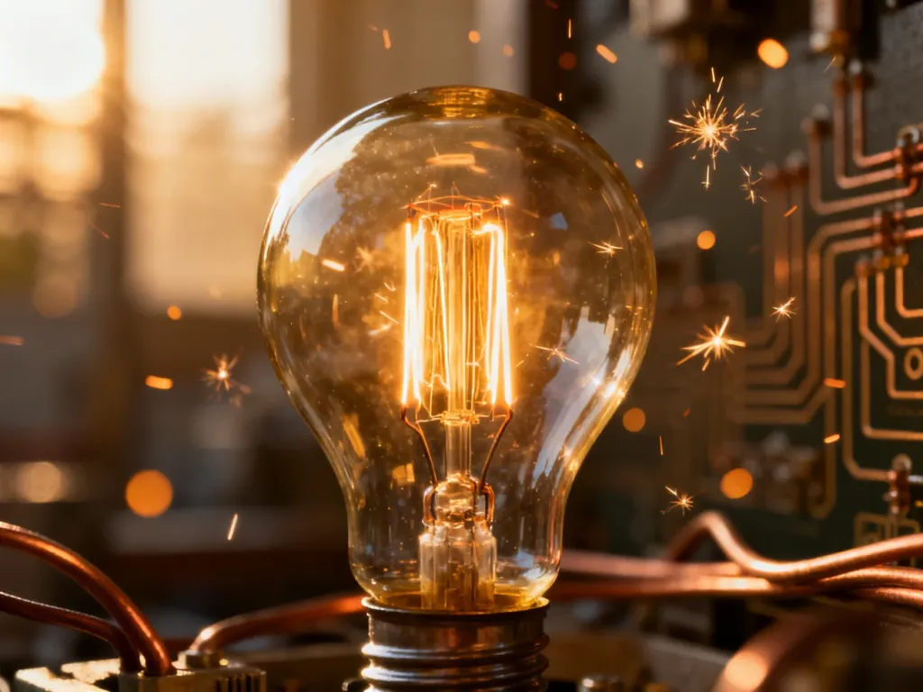 Żarzące się włókno żarówki, obrazujące proces zamiany energii elektrycznej na światło i ciepło.
