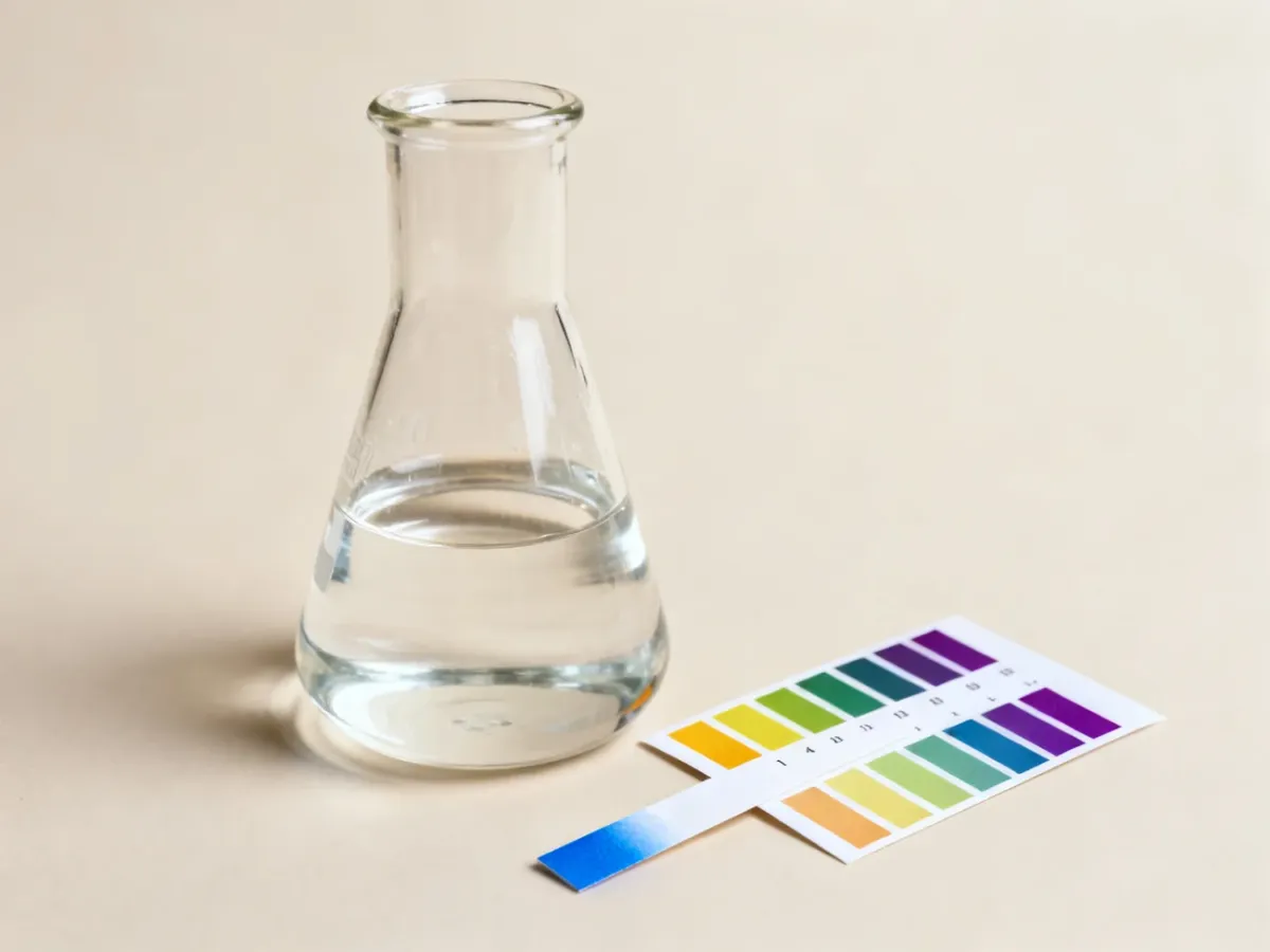 Beaker with an alkaline solution and a pH test strip