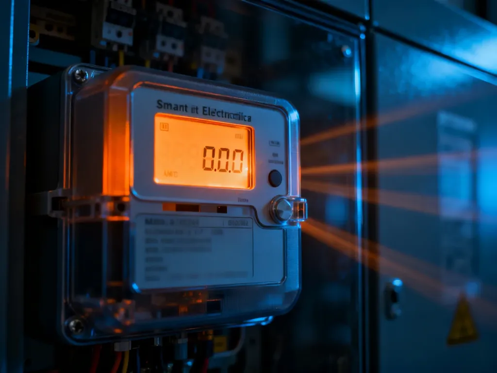 Wyświetlacz nowoczesnego licznika energii elektrycznej z widocznymi danymi o zużyciu prądu.