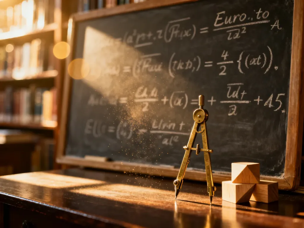 Stara tablica z matematycznymi wzorami, cyrklem i drewnianymi bryłami, ilustrująca obliczanie funkcji Eulera.