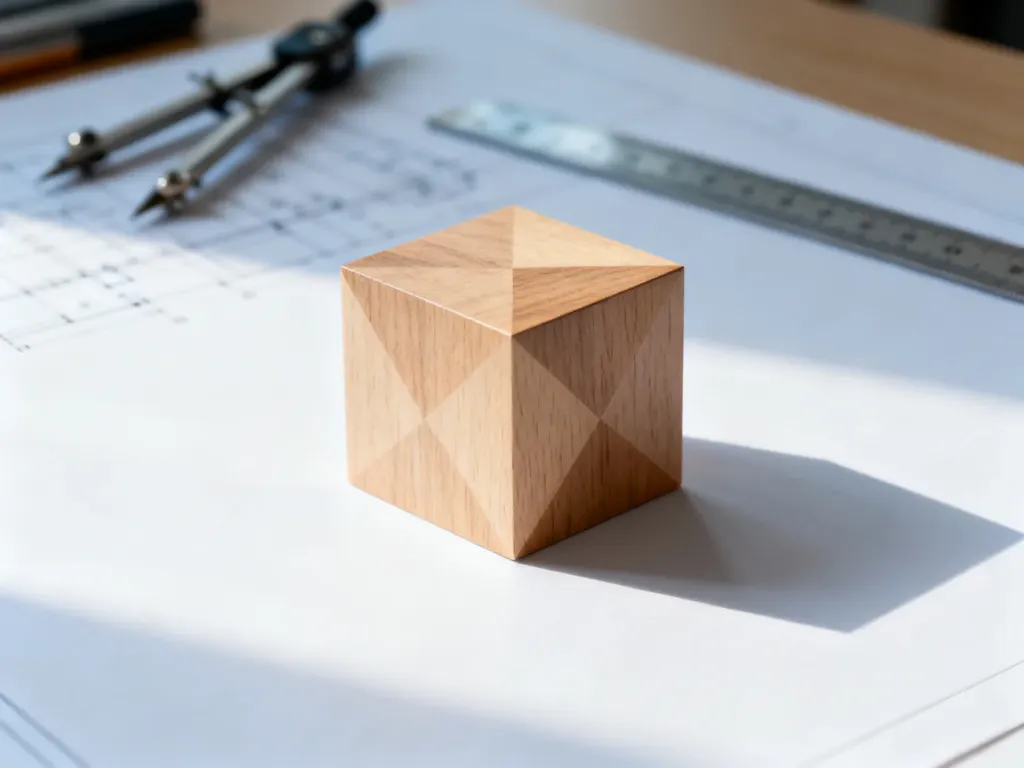 Drewniany sześcian na białym tle, symbolizujący bryłę geometryczną w kontekście obliczeń pola powierzchni.