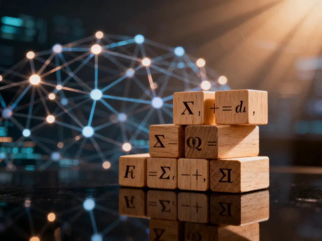 Drewniane klocki z matematycznymi wzorami na tle sieci powiązań, symbolizujące obliczenia prawdopodobieństwa.