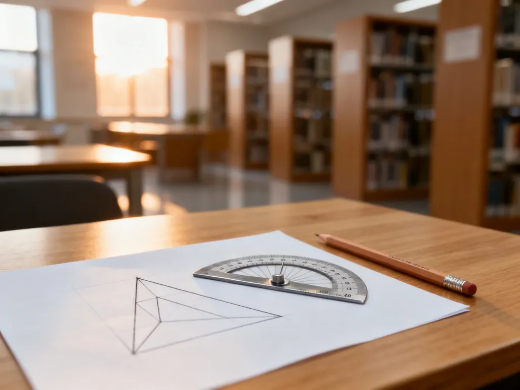 Szkic trójkąta z kątomierzem i ołówkiem na biurku, ilustrujący obliczenia geometryczne w przyjaznej atmosferze nauki.
