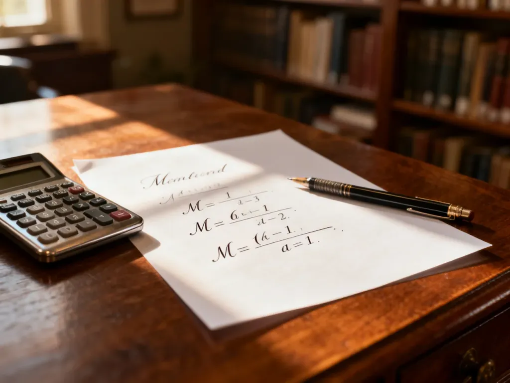 Drewniane biurko z kalkulatorem i kartką z zapisanymi ułamkami, ilustrujące proces obliczeń matematycznych.