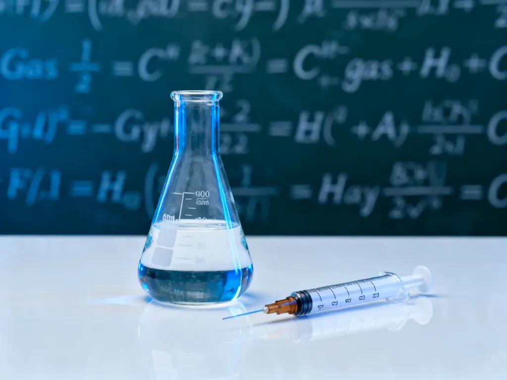 Szklana kolba miarowa i strzykawka gazowa na laboratoryjnym stole, z rozmytymi wzorami chemicznymi w tle.