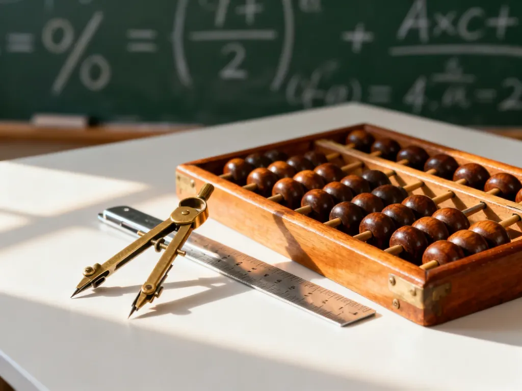 Drewniane liczydło i przybory geometryczne na biurku na tle tablicy z równaniami matematycznymi.