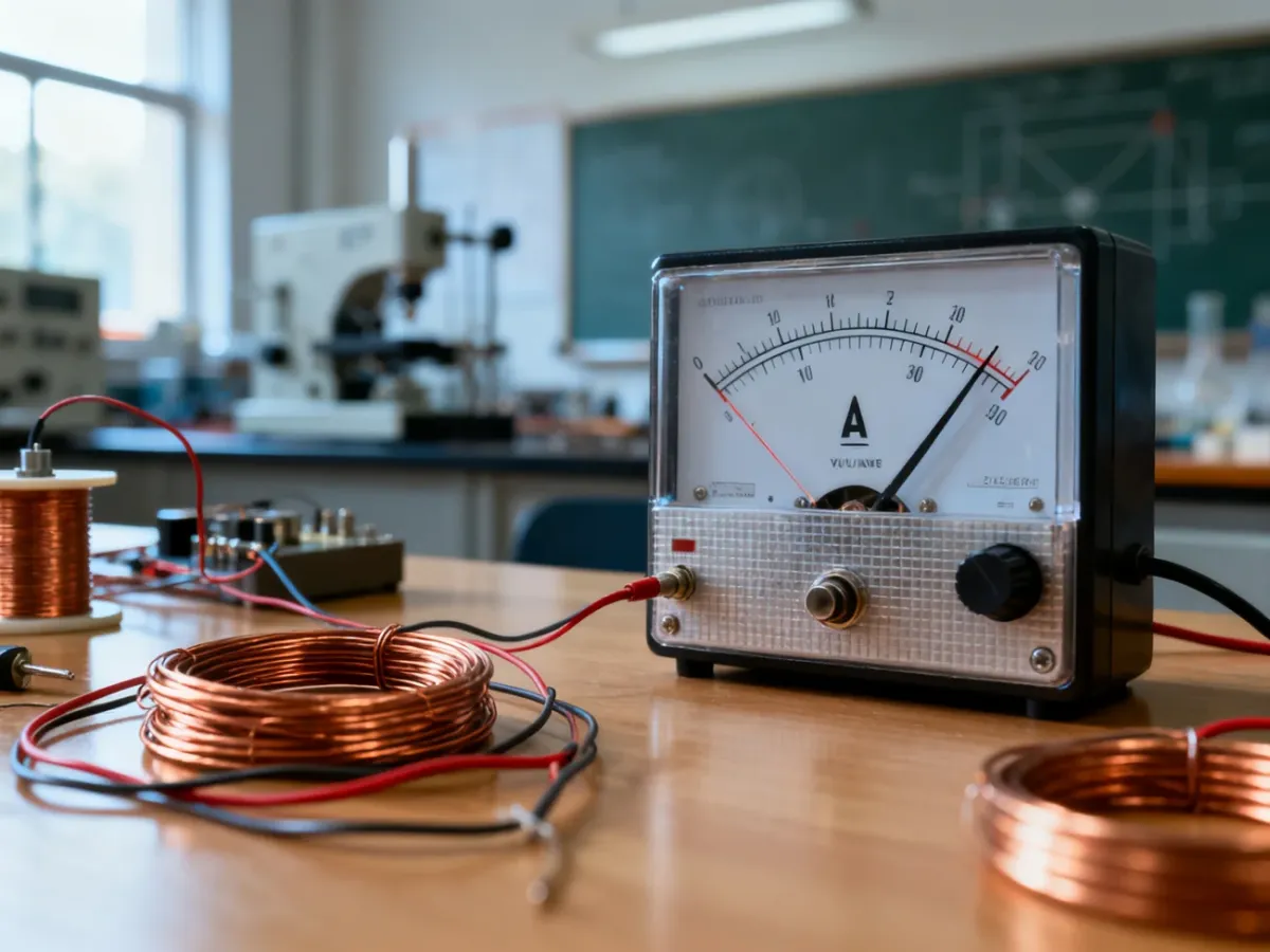 Woltomierz laboratoryjny mierzący napięcie obok zwojów miedzianego drutu, ilustrujący proces obliczania siły elektromotorycznej.