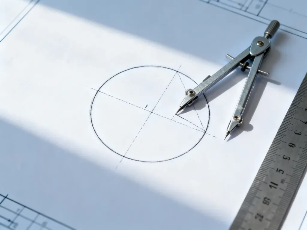 Geometryczny rysunek koła z zaznaczoną średnicą na papierze kreślarskim wraz z cyrklem i linijką.