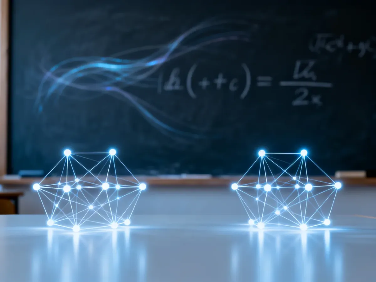 Wizualizacja matematycznego pojęcia bijekcji: dwa zbiory punktów połączone liniami jeden do jednego na tle tablicy.