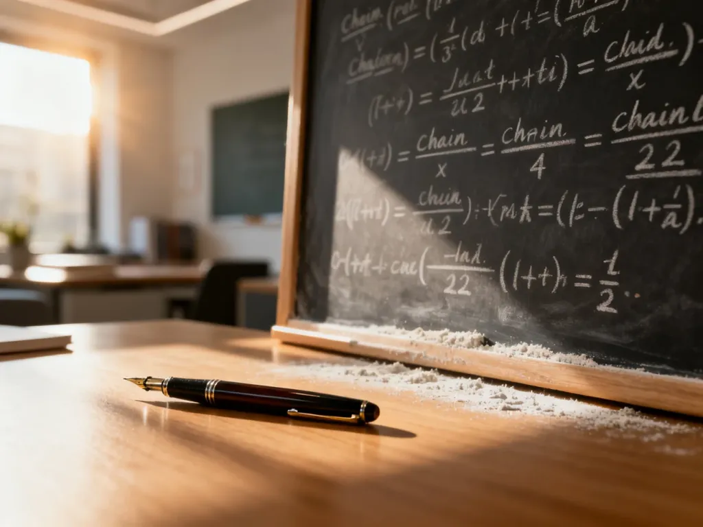 Tablica z matematycznymi wzorami na pochodną funkcji złożonej oraz pióro wieczne na drewnianym biurku.